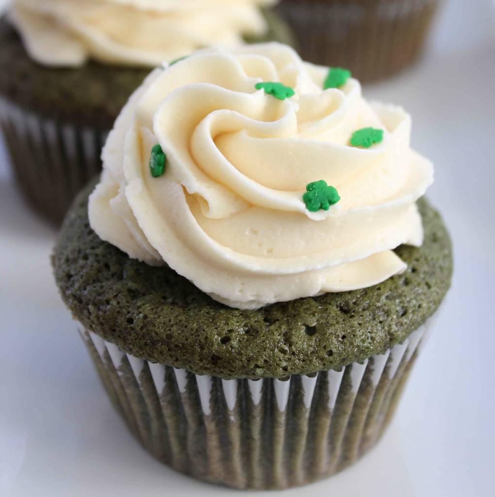 Green Velvet Cupcakes with Baileys Cream Cheese Frosting