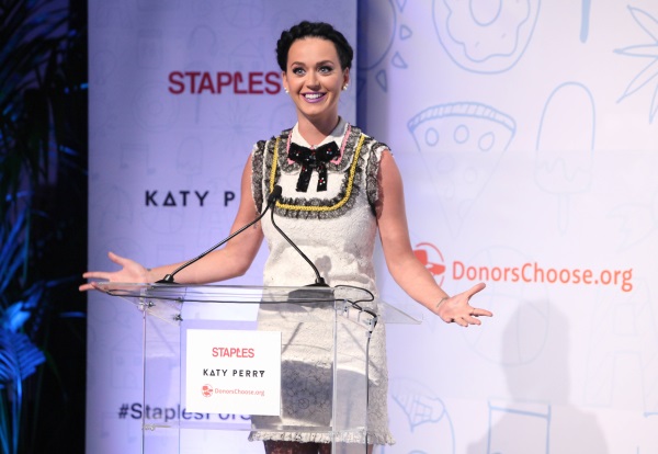 IMAGE DISTRIBUTED FOR STAPLES - Global pop star Katy Perry discusses the importance of supporting teachers during the #StaplesForStudents press conference on Thursday, April 21, 2016, in Los Angeles. Continuing its long-standing commitment to celebrating and supporting teachers through the Staples for Students program, Staples teamed up with Katy Perry to announce a $1 million donation to DonorsChoose.org, a charity that has funded more than 700,000 classroom projects and impacted more than 18 million students across the U.S. (Photo by Casey Rodgers/Invision for Staples/AP Images)